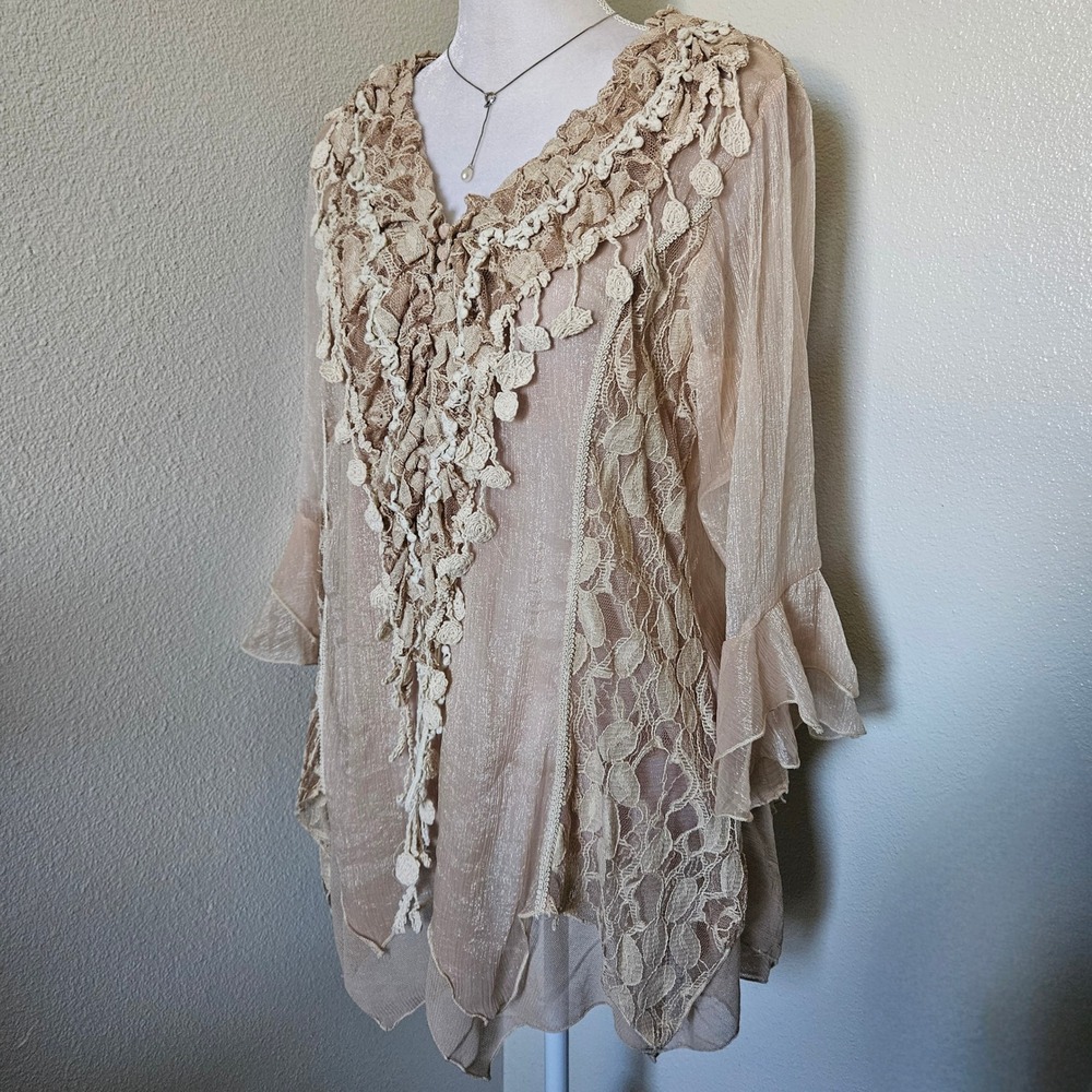Honey Creek by Scully Crochet Lace Top Natural Tan Boho Ruffle Sleeve